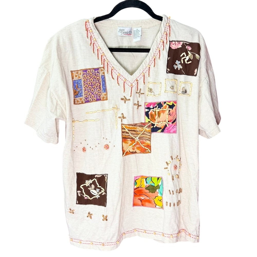 Laura Daniels Patchwork Top Women 1X Cream Embroidered Beaded V-Neck Cotton